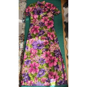 Vintage 60s Tropical Floral Print Kimono Style Maxi Dress Gown Hawaiian Size S
